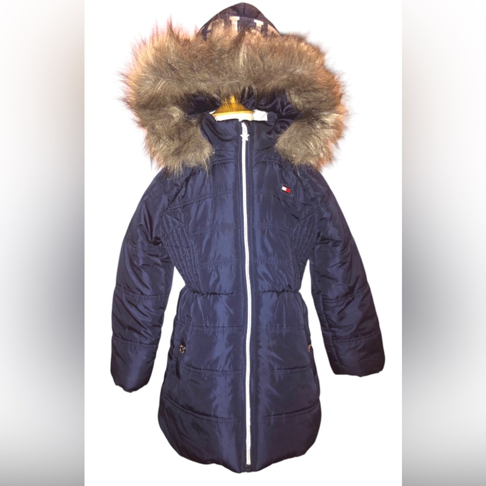 Tommy Hilfiger Girls Long Puffer Jacket with Faux Fur Hood Navy Blue EUC XS 5/6